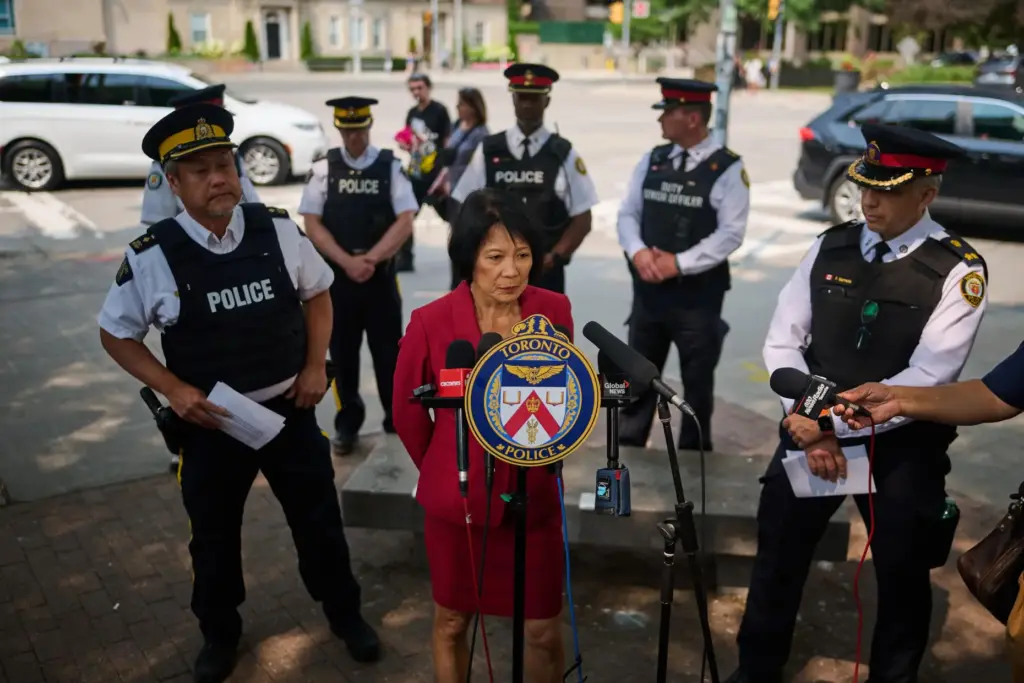 Toronto Mayor Olivia Chow speaks to media after a shot...