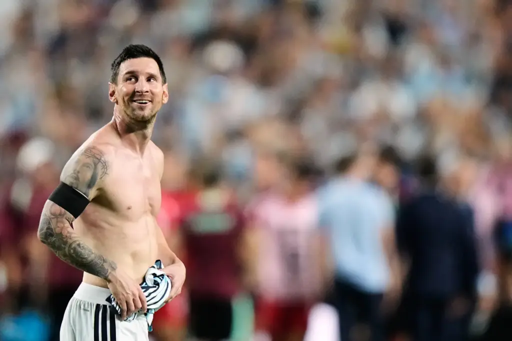 Argentina’s Lionel Messi reacts after his team’s victory over Switzerland...