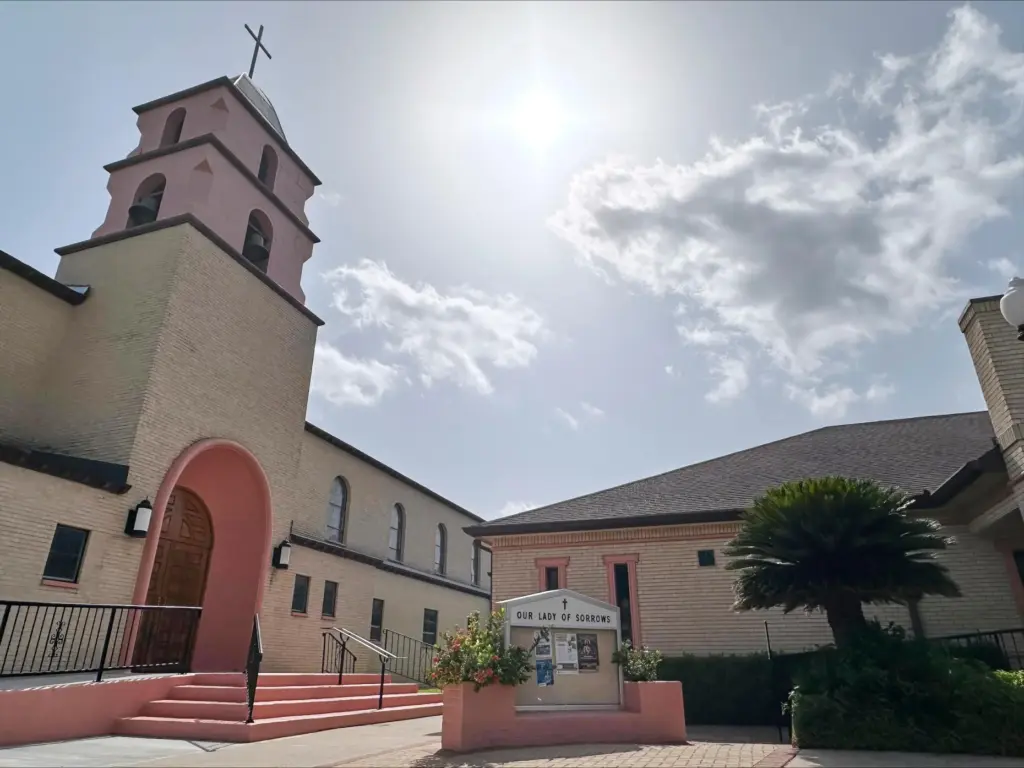 The sun beams over the Our Lady of Sorrows Church...