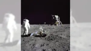 Far above the Earth, NASA’s Apollo lunar lander put astronauts on the moon