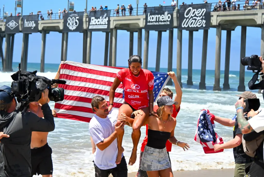 Avalon Gall celebrates after winning the U.S. Open of Surfing...