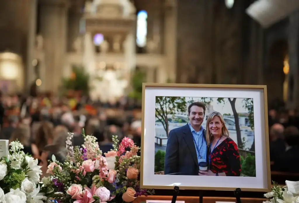 Pictures of Mark and Melissa Hortman set up during their funeral services.