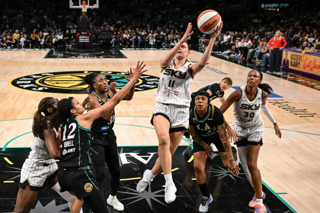 Chicago Sky rookie Gabriela Jaquez goes up for a shot...