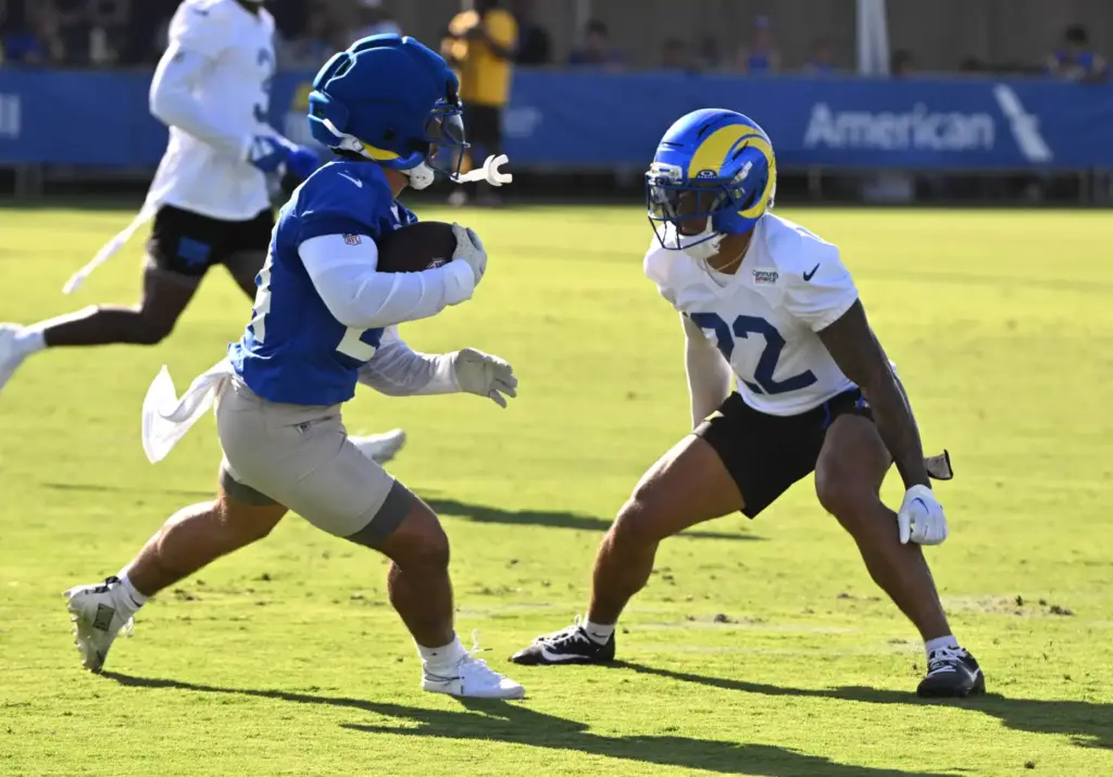Rams cornerback Trent McDuffie runs on defense during the first...