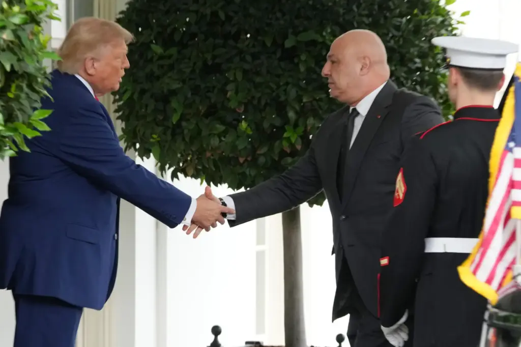President Donald Trump greets Lebanese President Joseph Aoun on his...