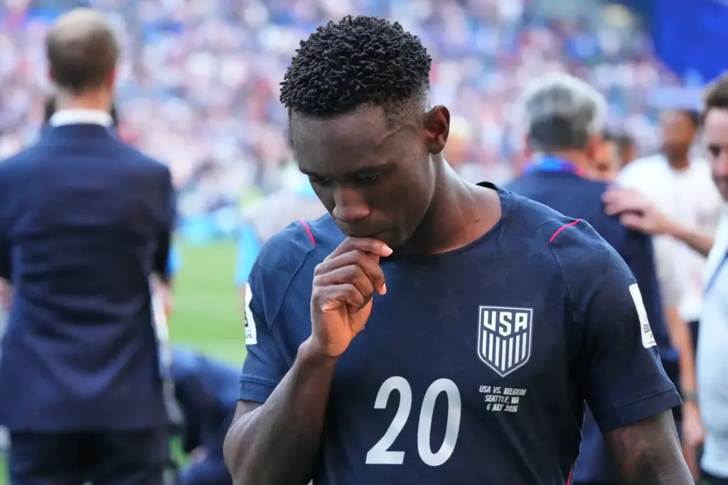 United States’ Folarin Balogun (20) walks off the pitch after...