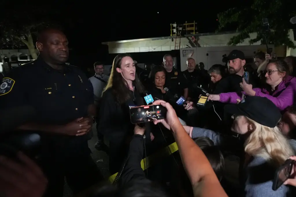 Seattle Mayor Katie Wilson speaks at a news conference after a shooting.