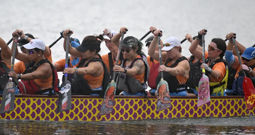 Teams race in the Long Beach Dragon Boat Festival at...