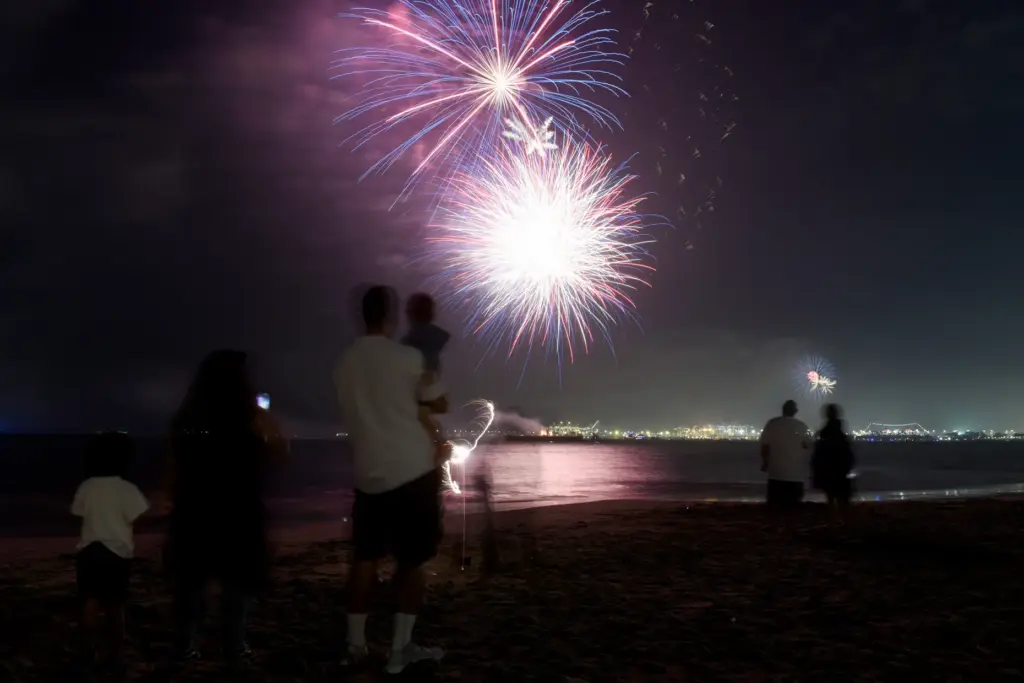 People watch simultaneous fireworks displays from Junipero Beach in Long...