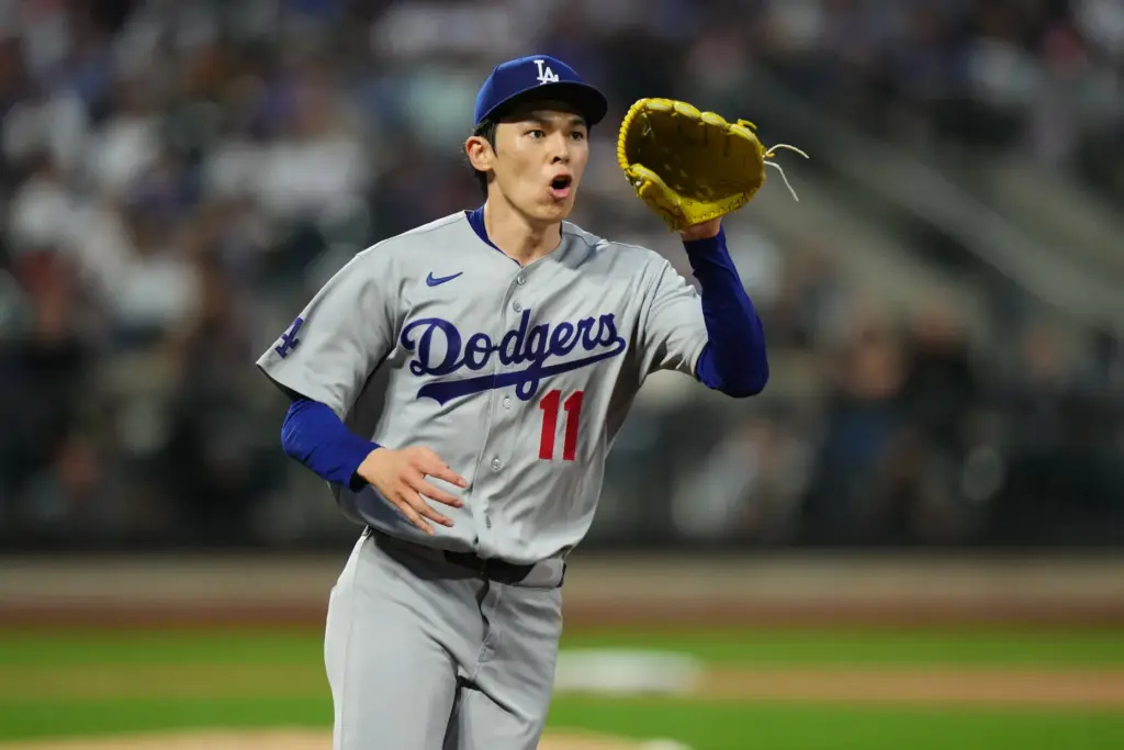 Dodgers’ Roki Sasaki during the fourth inning of a baseball...