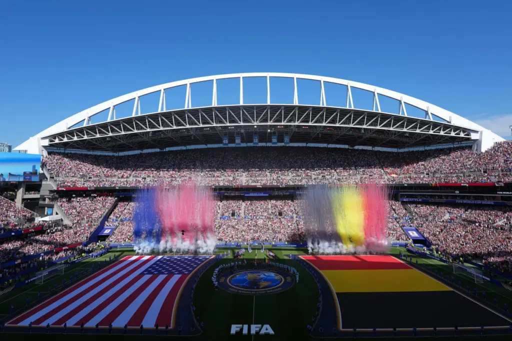 The teams lineup for the national anthems the World Cup...