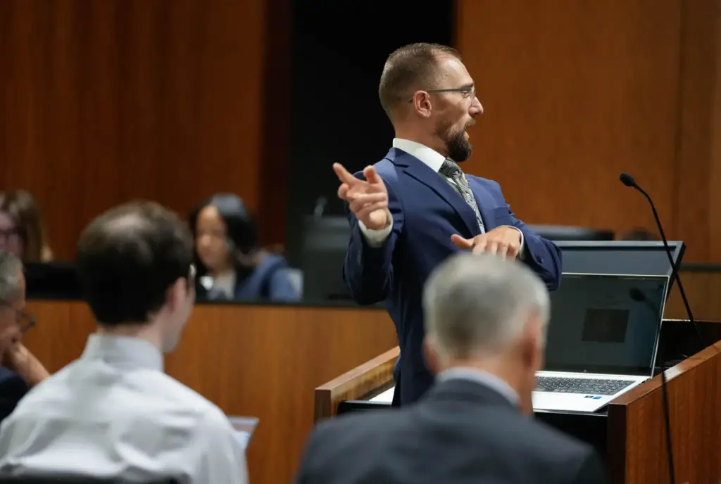 Deputy Utah County Attorney Ryan McBride cross examines during a hearing for Tyler Robinson.