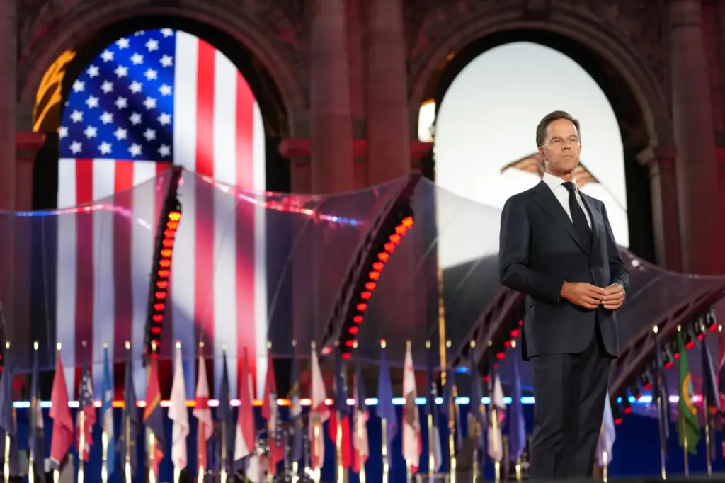 NATO Secretary General Mark Rutte prepares to deliver an address...