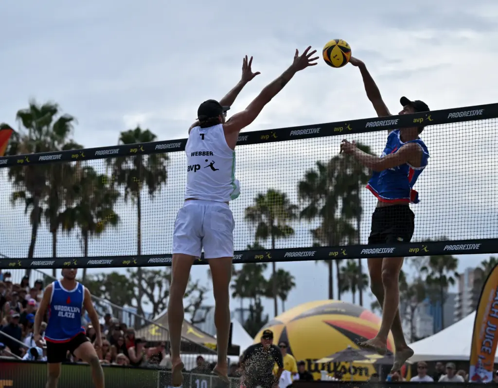 Logan Webber, with L.A. Launch, blocks against Derek Bradford and...