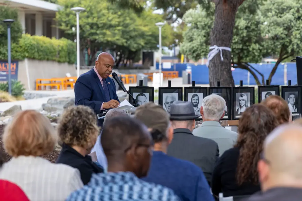Cal State Fullerton President Ronald S. Rochon provides a campus...