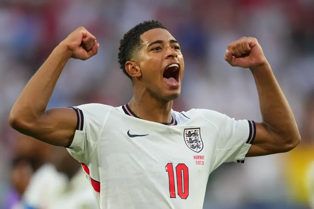 Jude Bellingham celebrates England’s victory over Norway in a World...
