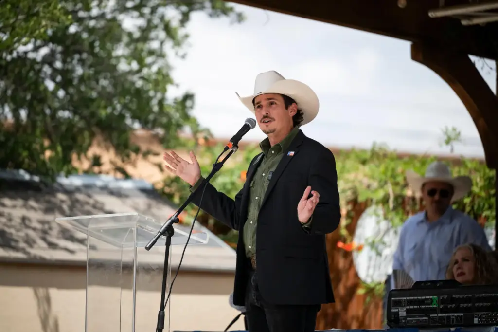 Democratic candidate for Texas agriculture commissioner Clayton Tucker speaks at...