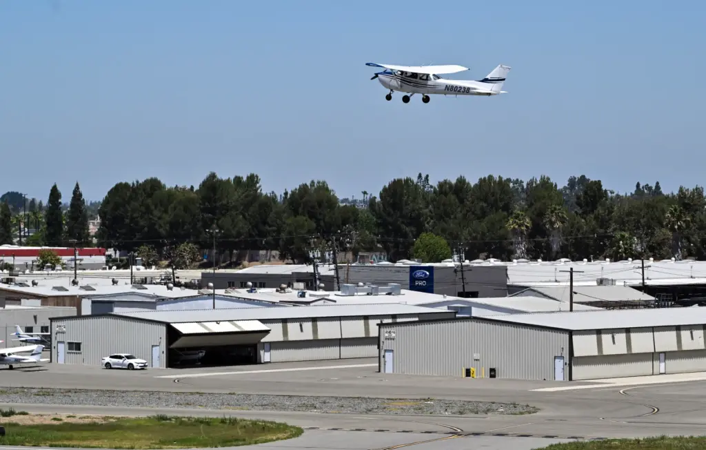 A Cessna 172 takes off from Fullerton Airport in Fullerton...