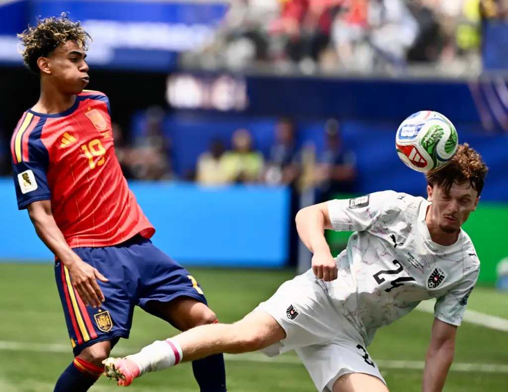 Austria midfielder Paul Wanner (24) with the header against Spain...