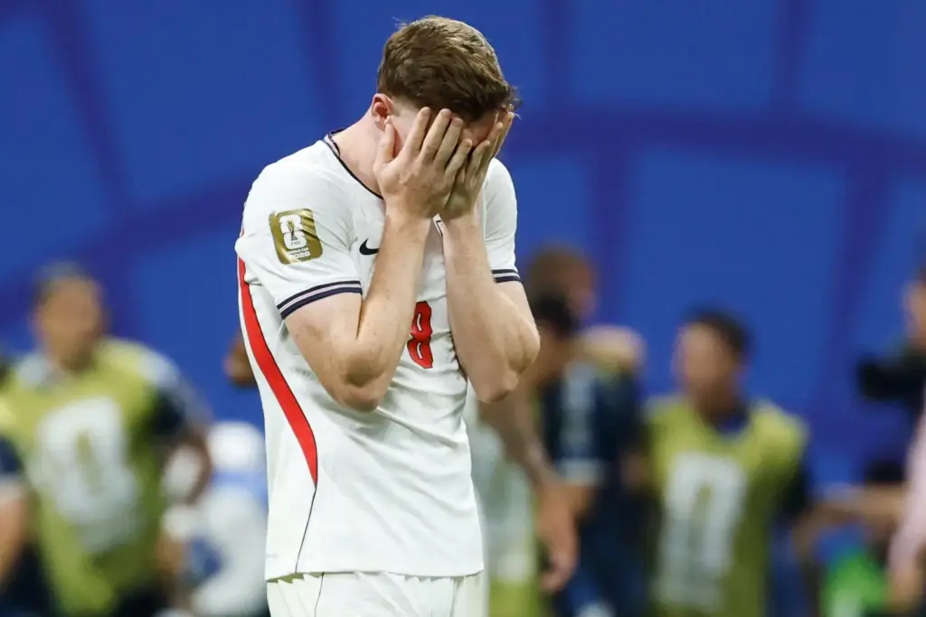 England's Elliot Anderson reacts after Argentina scored a second goal.
