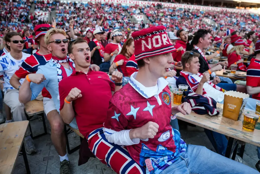 People gather in Oslo to watch the World Cup soccer match between Brazil and Norway.