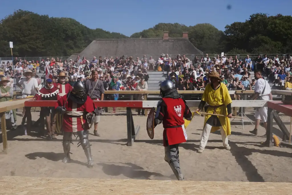 Two fighters battle during the International Medieval Combat Federation's World Championship.