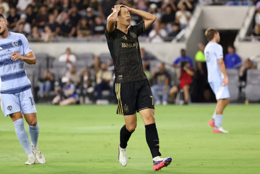 Los Angeles FC forward Son Heung-Min (7) reacts after missing...