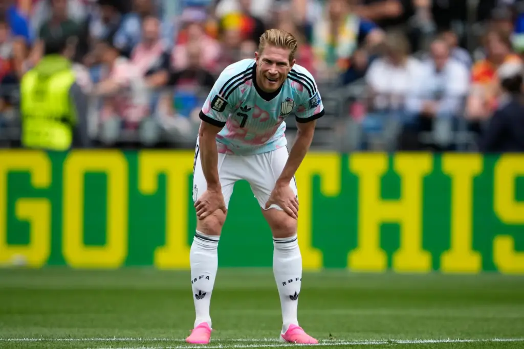 Belgium's Kevin De Bruyne (7) stands on the pitch.