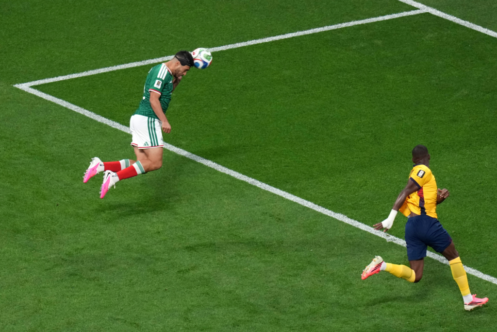 Mexico’s Raul Jimenez (9) heads the ball during the World...