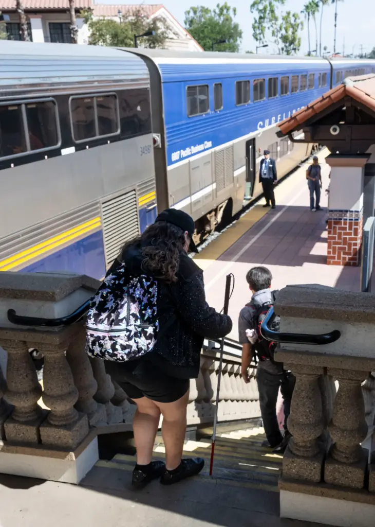 Jasmin Garcilazo navigates the Santa Ana Regional Transportation Center in...