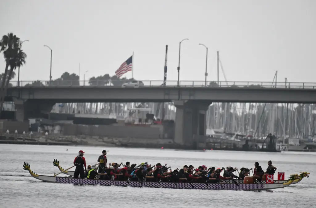 Teams race in the Long Beach Dragon Boat Festival at...