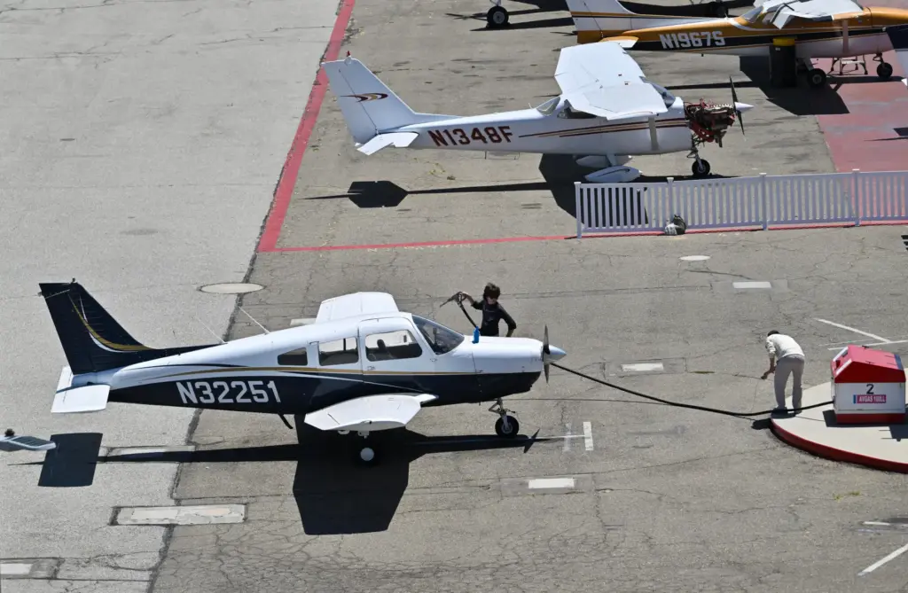 A Piper Cherokee is fulled up at Fullerton Airport in...