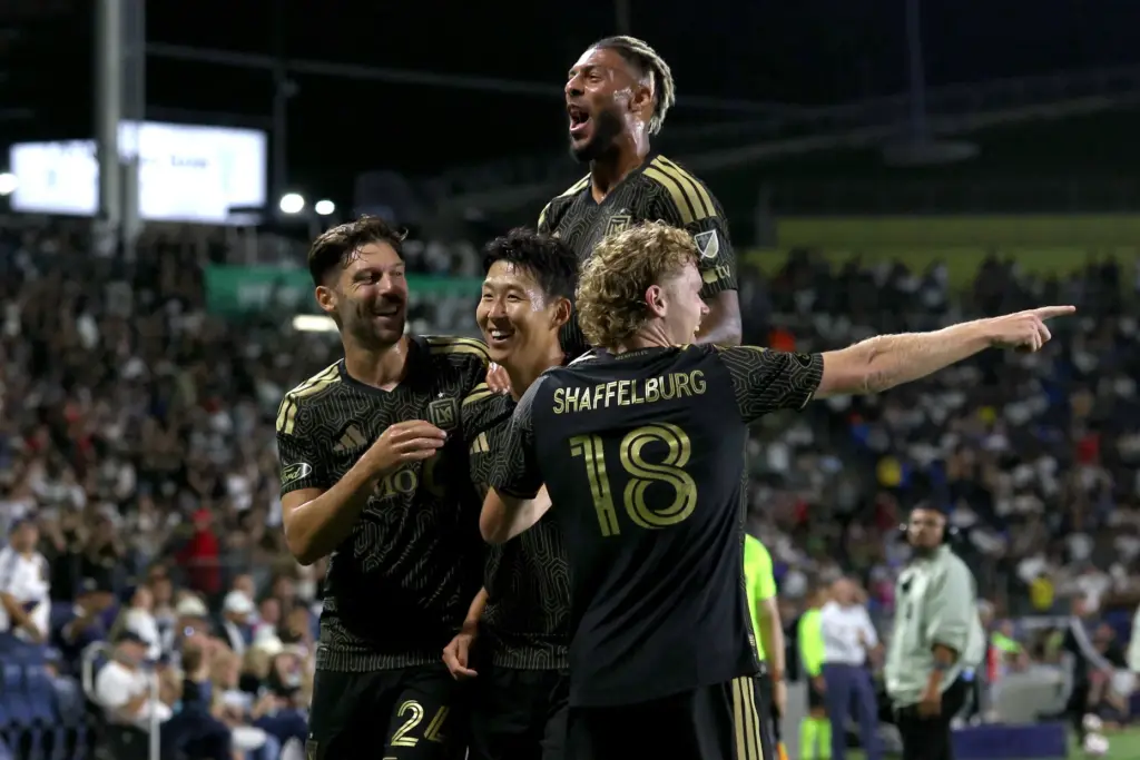 LAFC forward Son Heung-Min, second from left, celebrates with teammates...