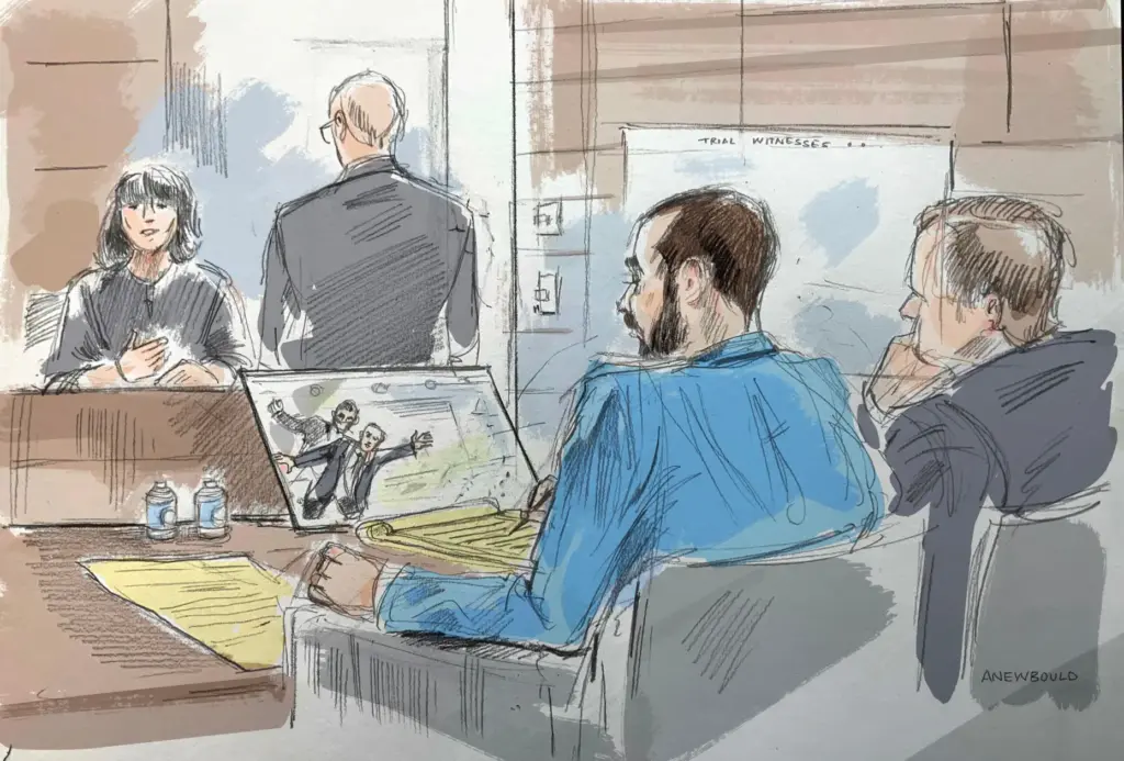 In this courtroom sketch, a witness describes video of an...