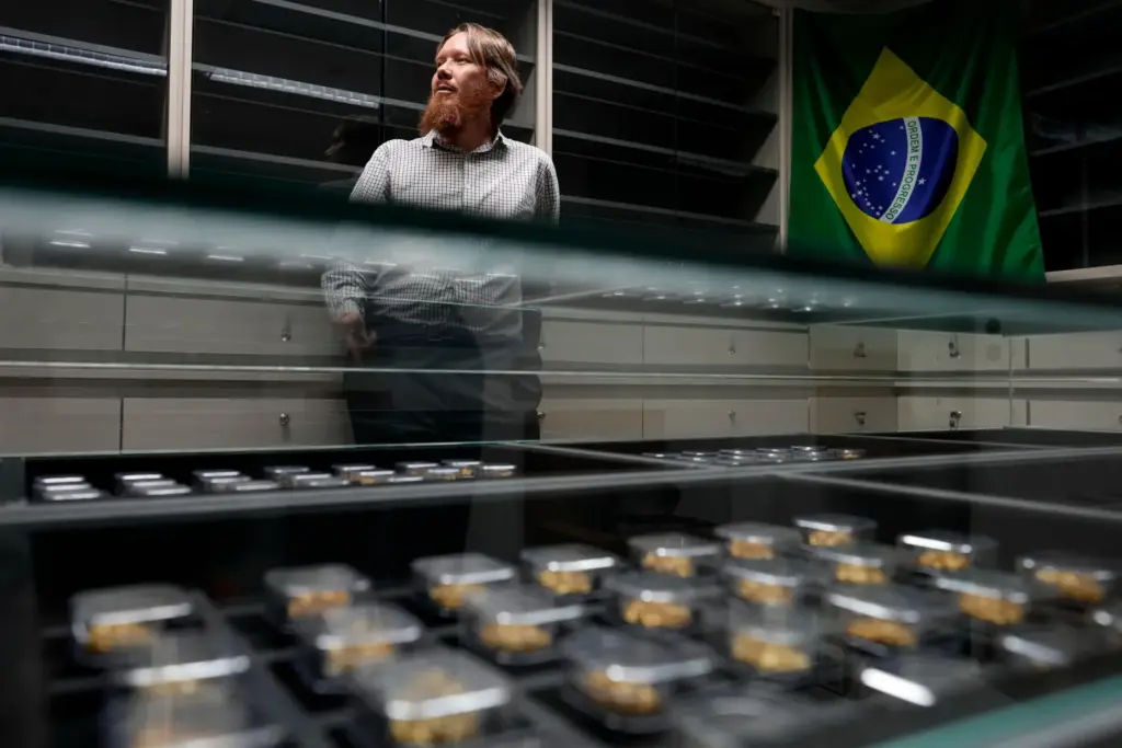 Gustavo Geiser, a federal police forensics expert, stands beside the reference collection of gold samples.
