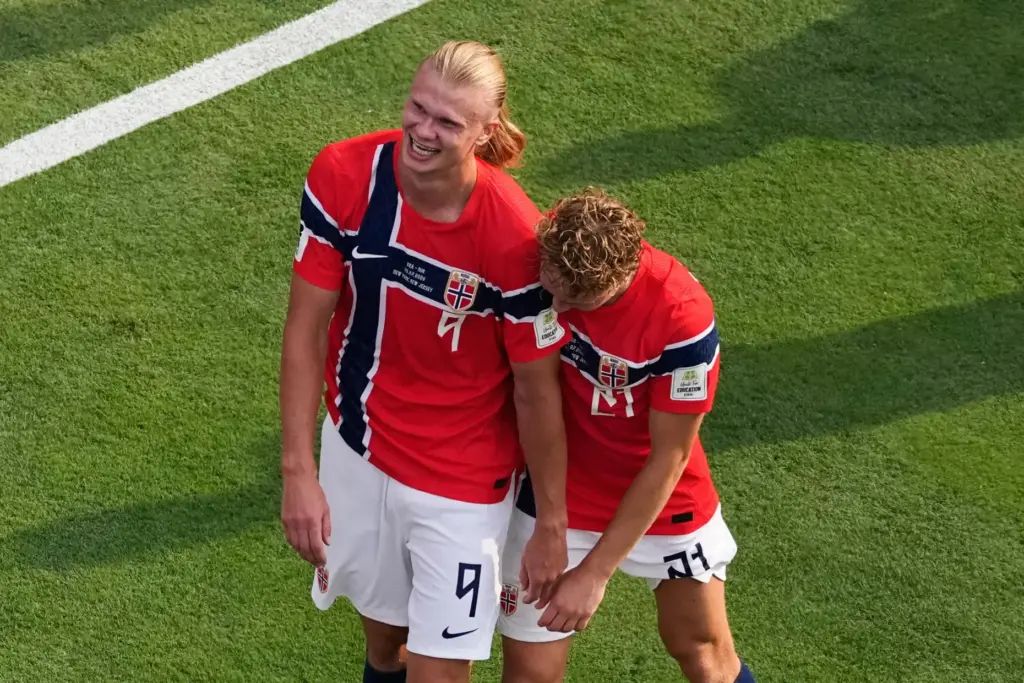 Norway’s Erling Haaland (9) and Andreas Schjelderup (21) celebrate after...