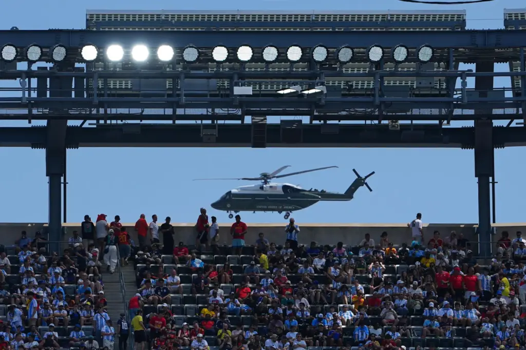 A presidential helicopter arrives prior to the World Cup final...