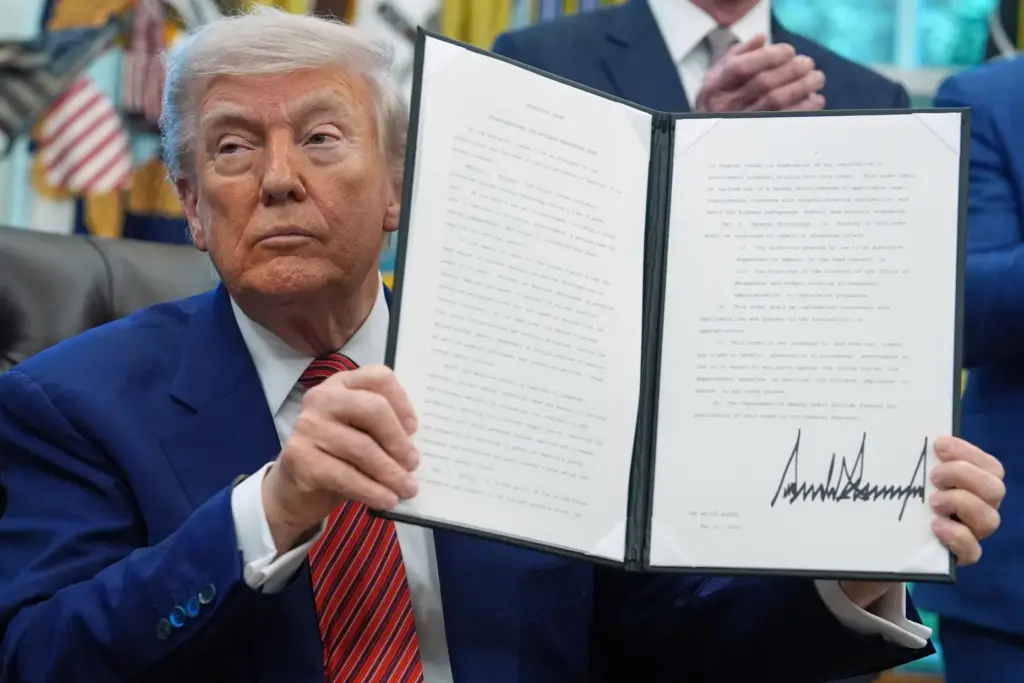 FILE – President Donald Trump holds an executive order regarding...