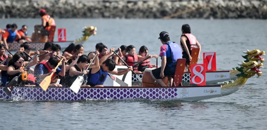 Teams race in the Long Beach Dragon Boat Festival at...