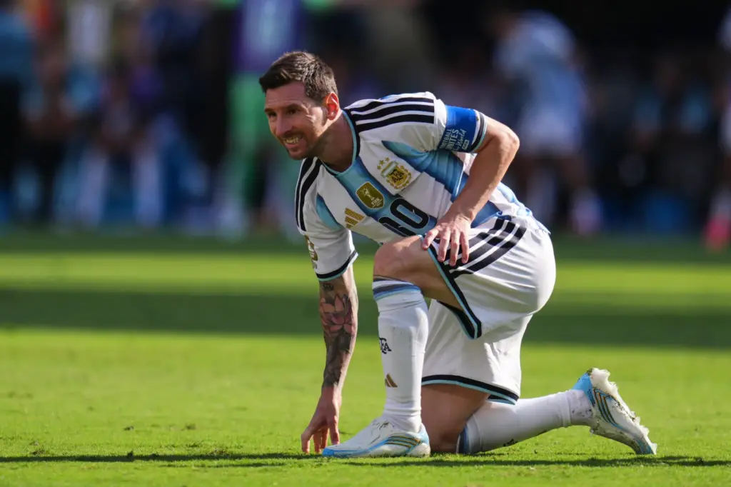 Argentina’s Lionel Messi (10) reacts after heading the ball during...