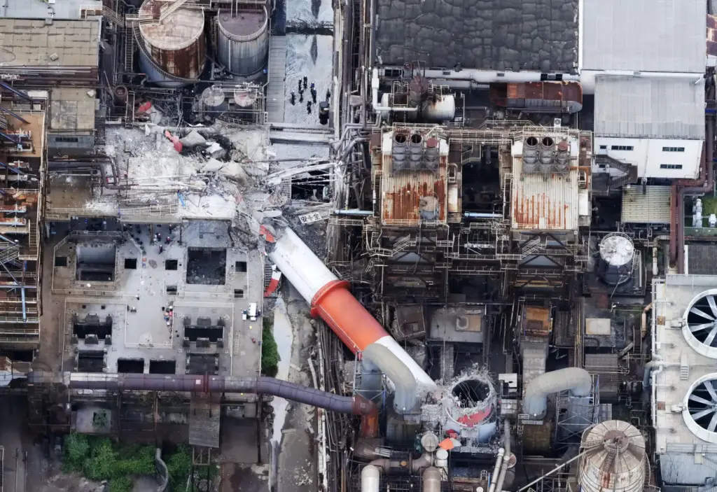 This aerial image shows a damaged chimney of the Nippon Paper Industries Co.âs Yatsushiro factory.