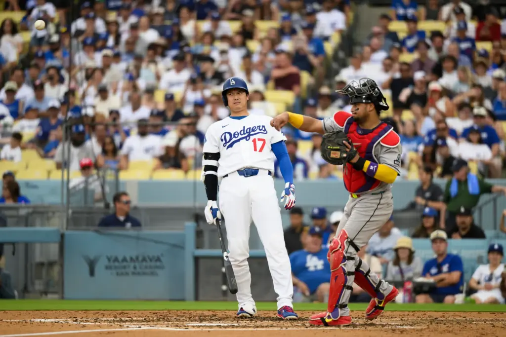 Dodgers’ Shohei Ohtani (17) reacts as Arizona Diamondbacks catcher Gabriel...