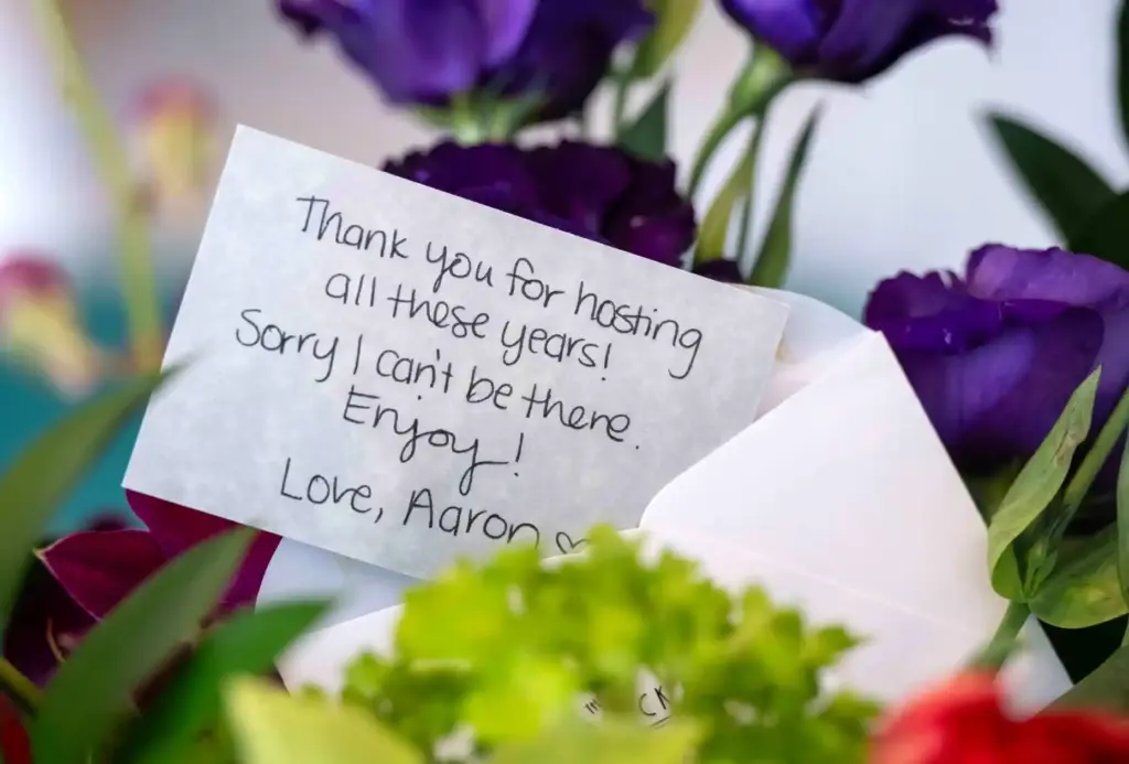 A note on a bouquet of flowers thanks Dorothy Dahms...