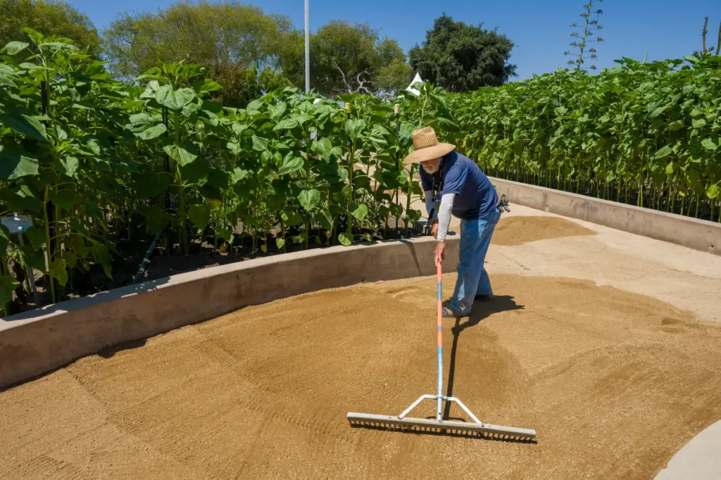 Ignacio Aranda spreads out material for the walking path at...