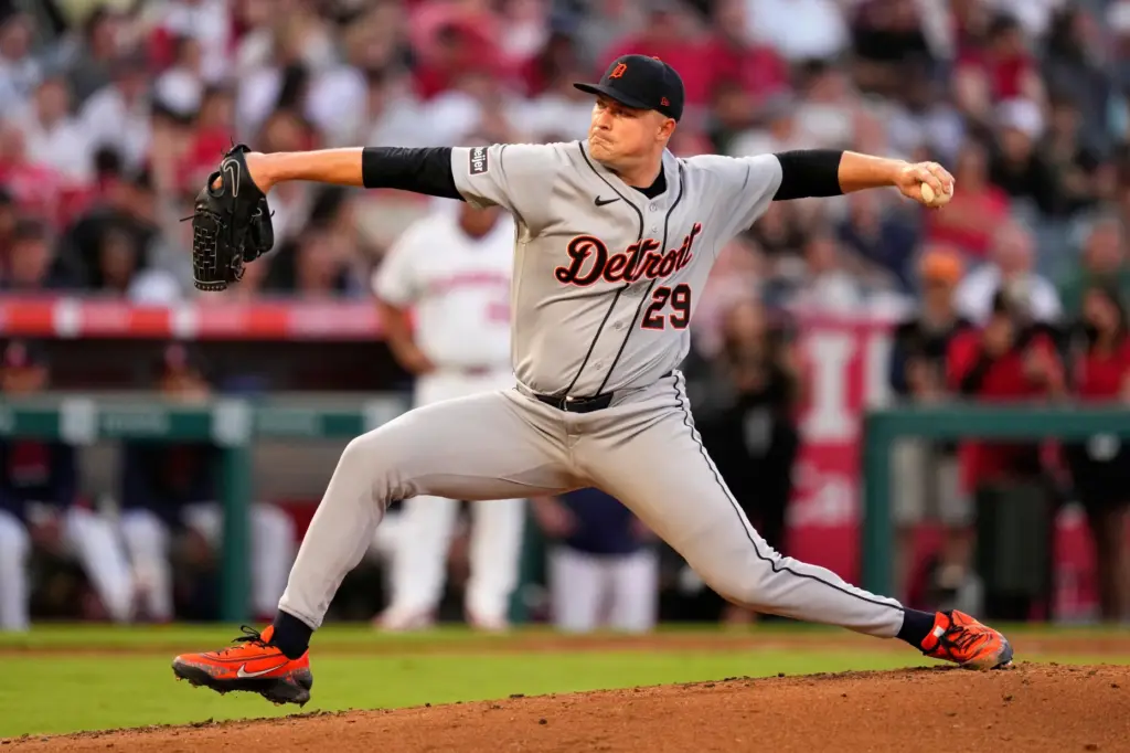 Detroit Tigers starting pitcher Tarik Skubal throws to the plate...