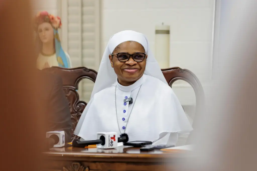 Sister Leticia “Letty” Ugboaja at a news conference at Our...