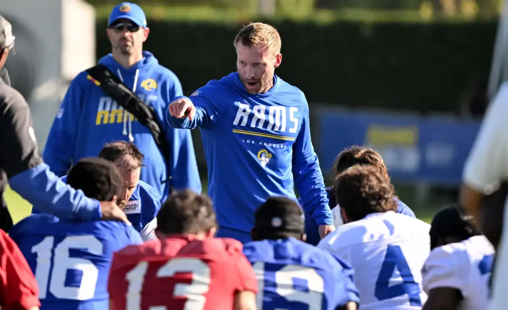 Rams head coach Sean McVay speaks to his team after...