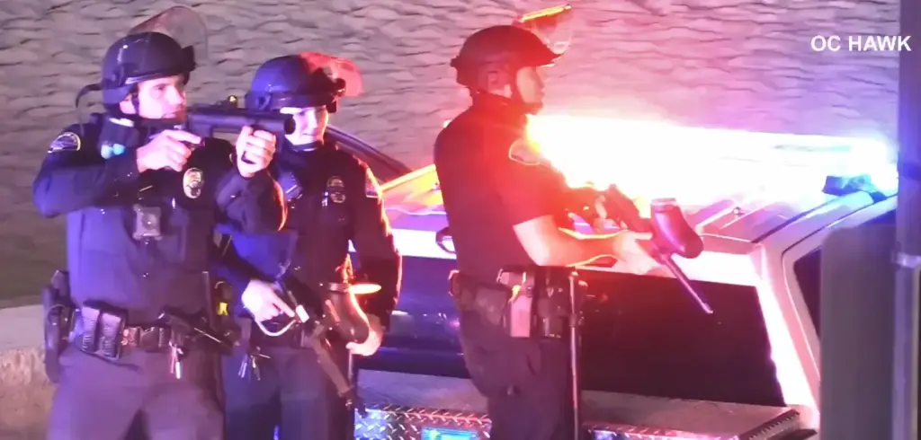 Police with non-lethal weapons face a crowd of partiers in...