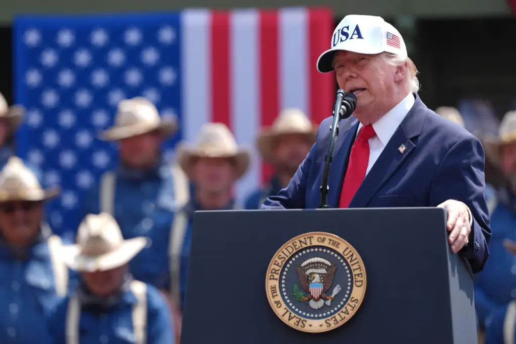 President Donald Trump speaks at Burning Hills Amphitheatre during the...