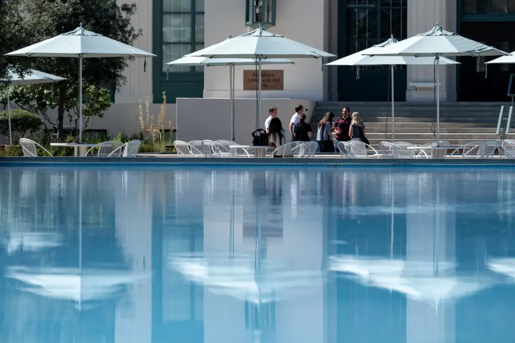 A large reflecting pool on the Pasadena City College campus...